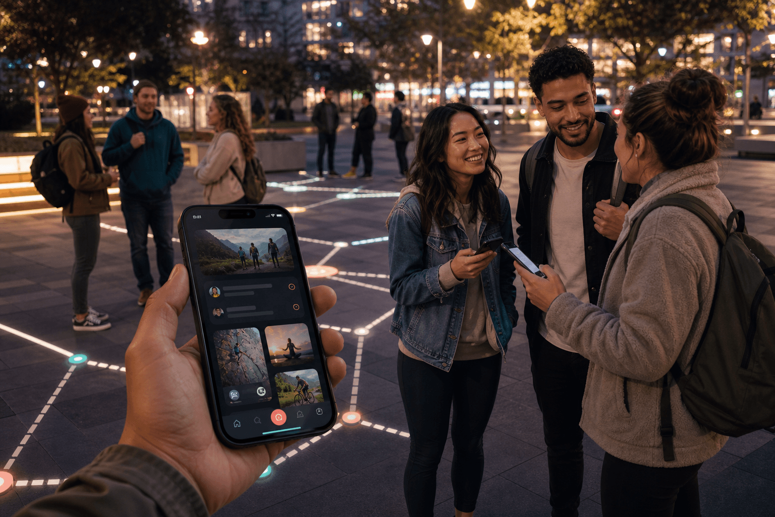 People meeting in a public city plaza while viewing a dark-mode activity app.